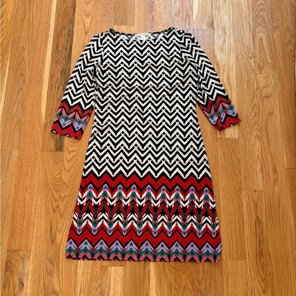 Maggy London White Black Mulitcolor Herringbone Boho Midi Dress Women’s Size 6